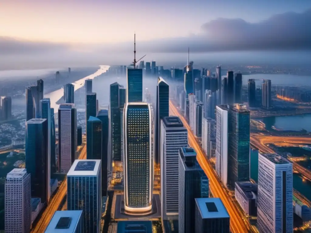 Rascacielos moderno en ciudad vibrante Un rascacielos moderno refleja la ciudad, simbolizando inversiones internacionales y derechos de propiedad en el paisaje urbano