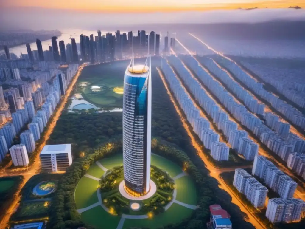 Rascacielos moderno en ciudad latinoamericana: innovación y oportunidades de inversión Un rascacielos moderno en una ciudad latinoamericana, rodeado de parques y diseño innovador