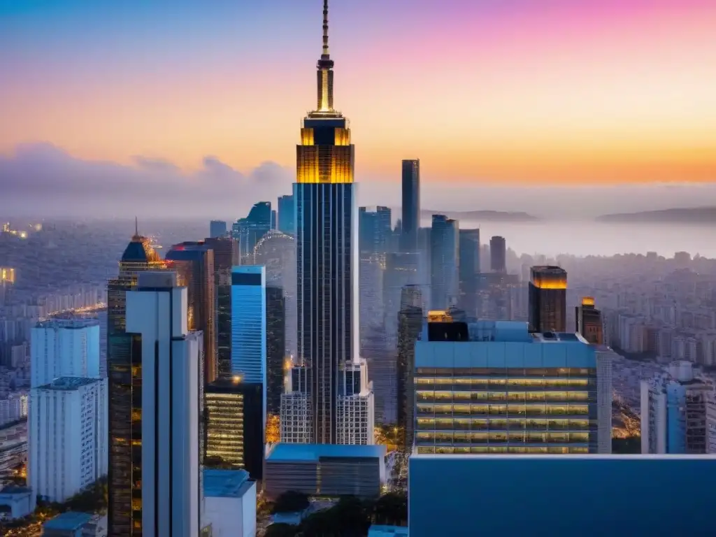 Rascacielos moderno y lujoso en ciudad latinoamericana: reflejo de prosperidad Rascacielos moderno en ciudad latinoamericana, reflejando la prosperidad del mercado inmobiliario