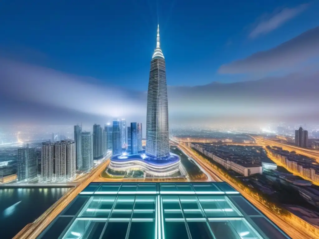 Rascacielos de lujo en la ciudad: inversión global en bienes raíces Un rascacielos moderno reflejando la ciudad de noche, ilustrando oportunidades en regulaciones financiamiento inmobiliario global