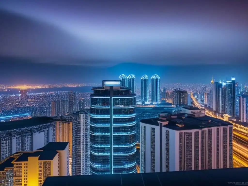 Rascacielos de lujo en la ciudad nocturna Un rascacielos moderno reflejando la ciudad de noche