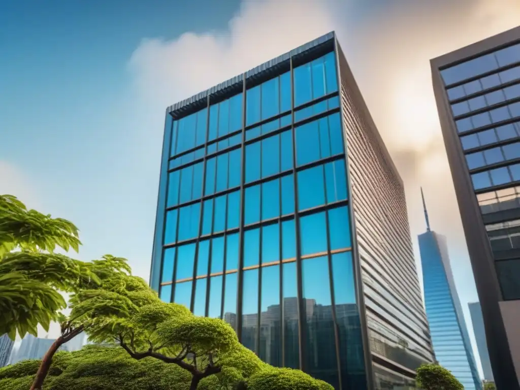 Edificio de oficinas moderno y sofisticado en entorno profesional Un rascacielos moderno reflejando la ciudad, rodeado de vegetación y profesionales