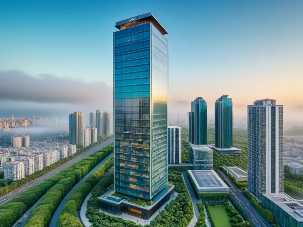 Edificio moderno en 8k con reputación online exitosa Un rascacielos moderno refleja la ciudad, rodeado de naturaleza y datos online, destacando la reputación online marcas inmobiliarias