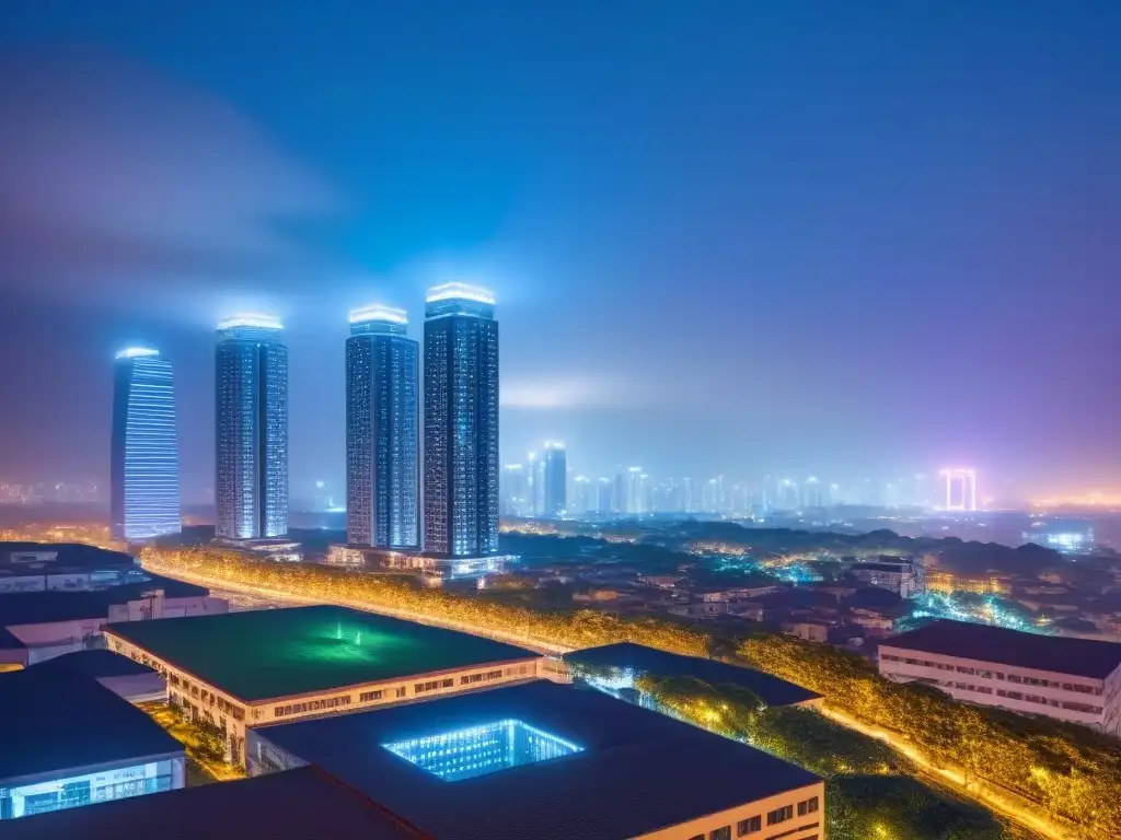 Edificio de lujo en metrópolis: inversión y éxito en mercados emergentes Rascacielos moderno en una ciudad vibrante de noche, reflejando éxito en políticas de vivienda mercados emergentes