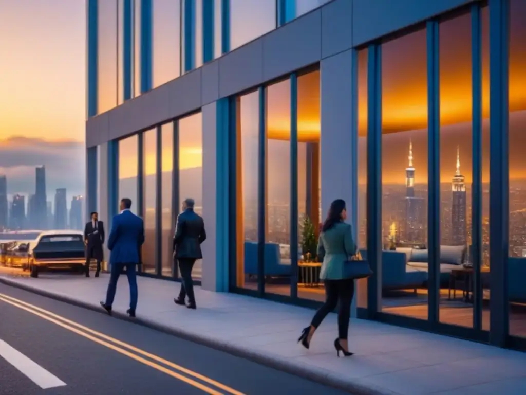 Inversión inmobiliaria global: lujo y modernidad en la ciudad al atardecer Un rascacielos moderno reflejando una ciudad vibrante al anochecer, ideal para inversión inmobiliaria global fraccionada