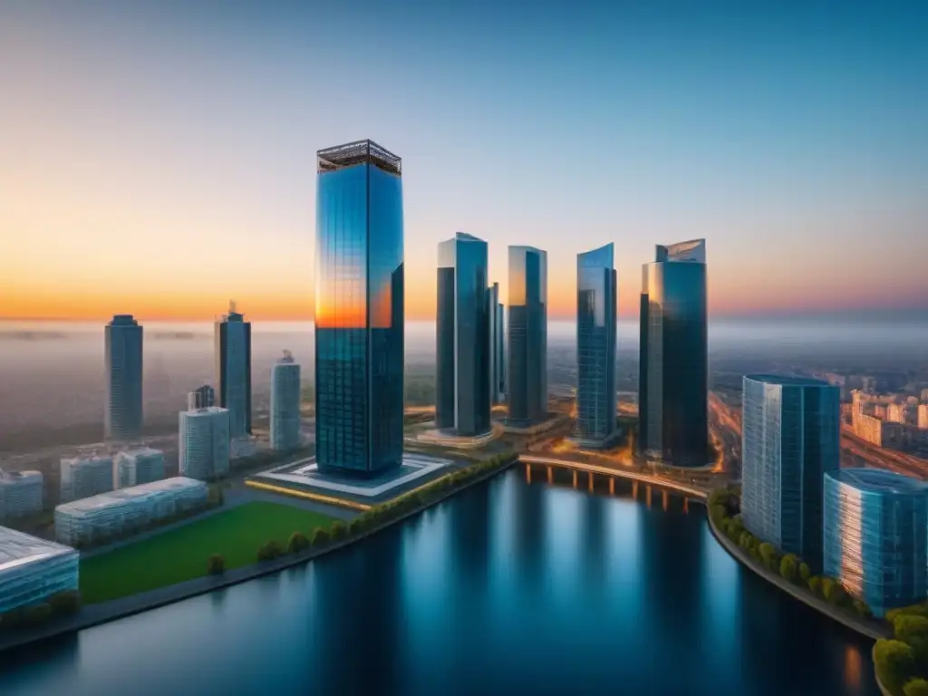 Rascacielos de lujo al atardecer: sofisticación urbana en 8k Un rascacielos moderno en una ciudad vibrante al atardecer