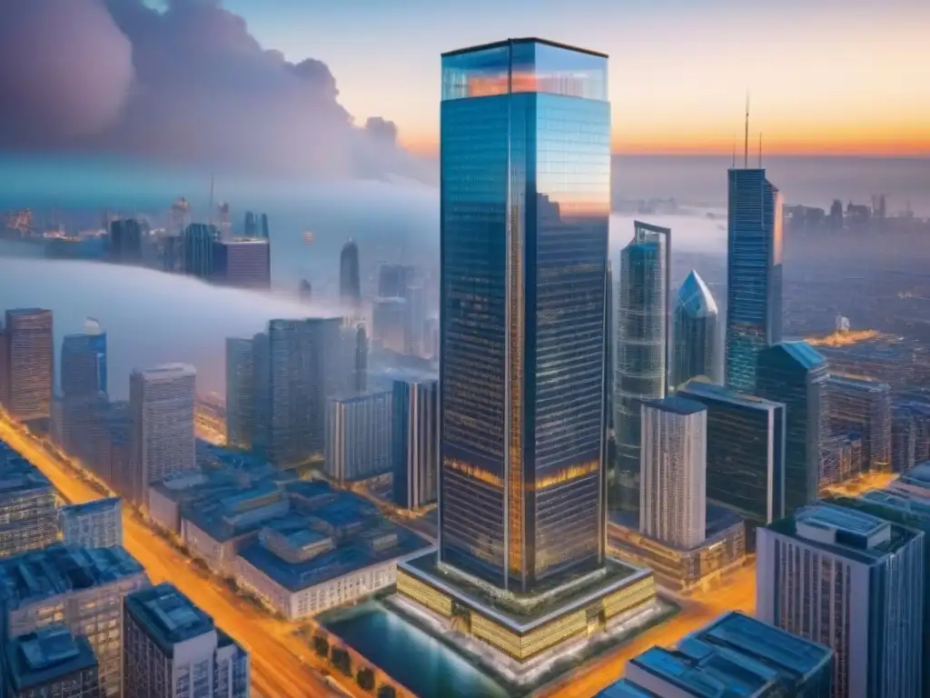 Inversión inmobiliaria de lujo en metrópolis global Rascacielos moderno de cristal en distrito financiero con inversores internacionales