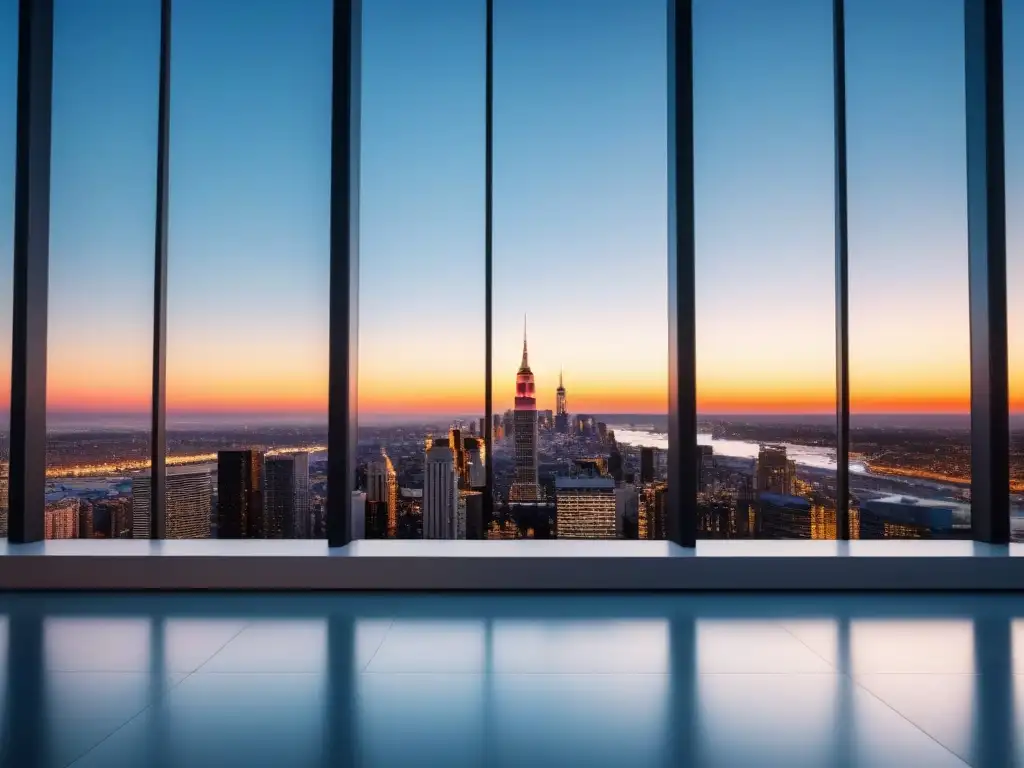 Esplendor urbano: edificio moderno en atardecer Un rascacielos moderno con cristaleras reflejando la ciudad al atardecer