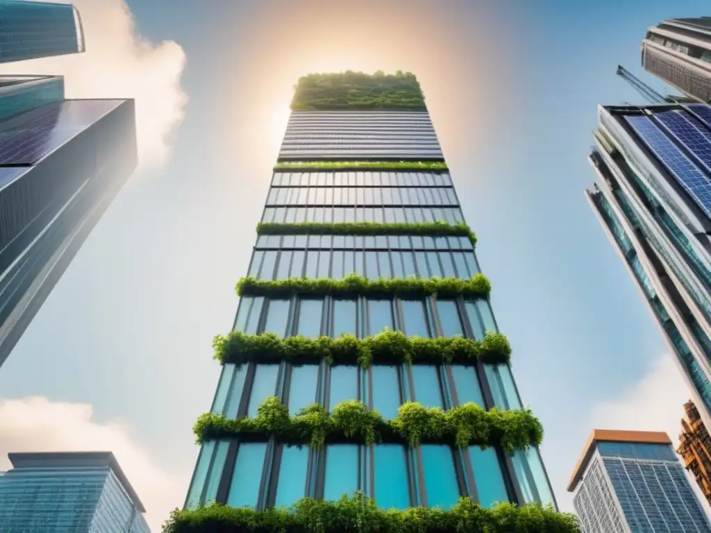 Rascacielos ecológico: arquitectura urbana y naturaleza en perfecta armonía Un rascacielos moderno cubierto de vegetación, simbolizando armonía entre arquitectura y naturaleza