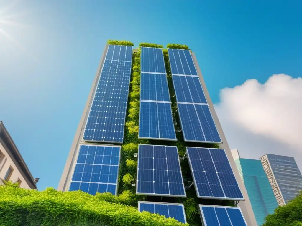 Edificio moderno y sustentable en la ciudad Un rascacielos moderno cubierto de exuberante vegetación, paneles solares en el techo y grandes ventanas reflejando un cielo azul