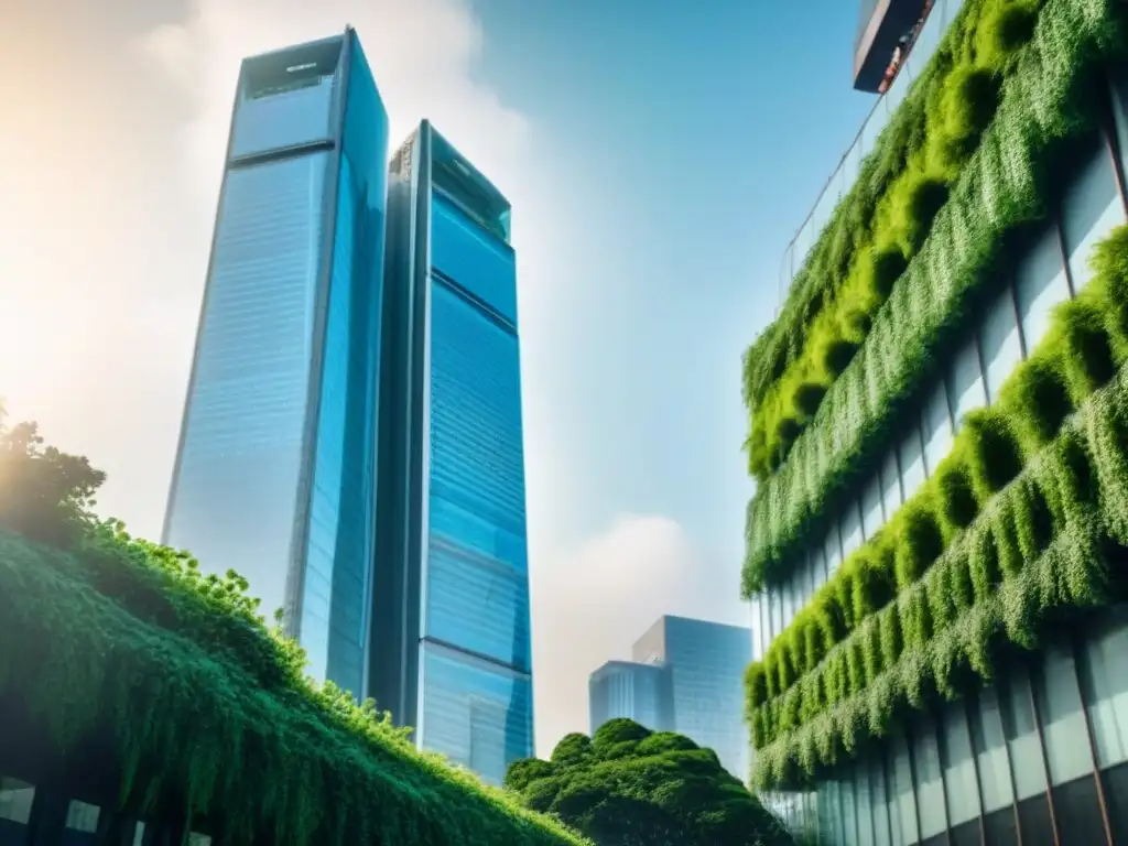 Skyscraper sostenible: fusión perfecta de arquitectura moderna y naturaleza Un rascacielos moderno cubierto de vegetación, reflejando la integración de inversiones sostenibles en el mercado inmobiliario internacional