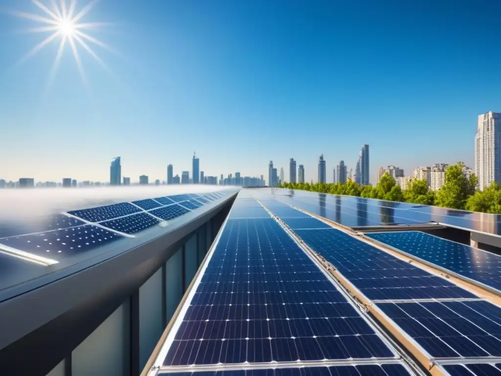 Edificio moderno con paneles solares: símbolo de sostenibilidad urbana Un rascacielos moderno cubierto de paneles solares, reflejando la luz del sol en un cielo azul