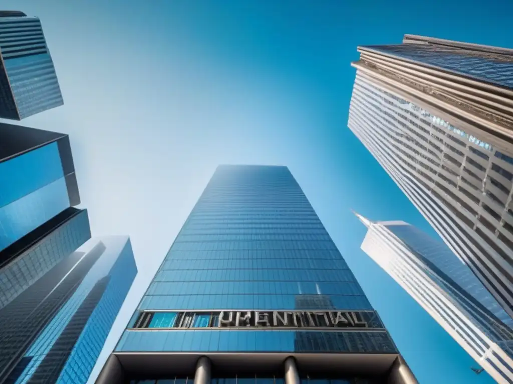 Rascacielos moderno en distrito financiero: símbolos de moneda digital Rascacielos moderno en distrito financiero con símbolos de moneda, reflejando inversión inmobiliaria internacional en fluctuaciones