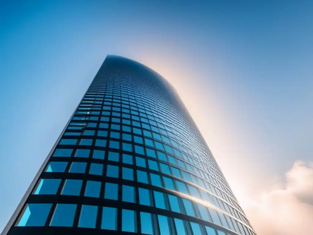 Rascacielos futurista: emblema de éxito global en la arquitectura Un rascacielos moderno y elegante se alza contra un cielo azul claro, reflejando la ciudad en su fachada de vidrio