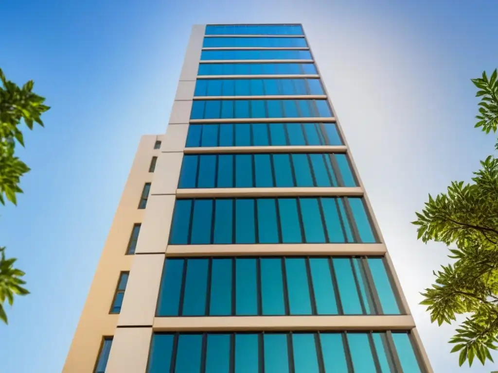 Edificio moderno: éxito y innovación en real estate Un rascacielos moderno y elegante destacando contra un cielo azul, rodeado de vegetación exuberante