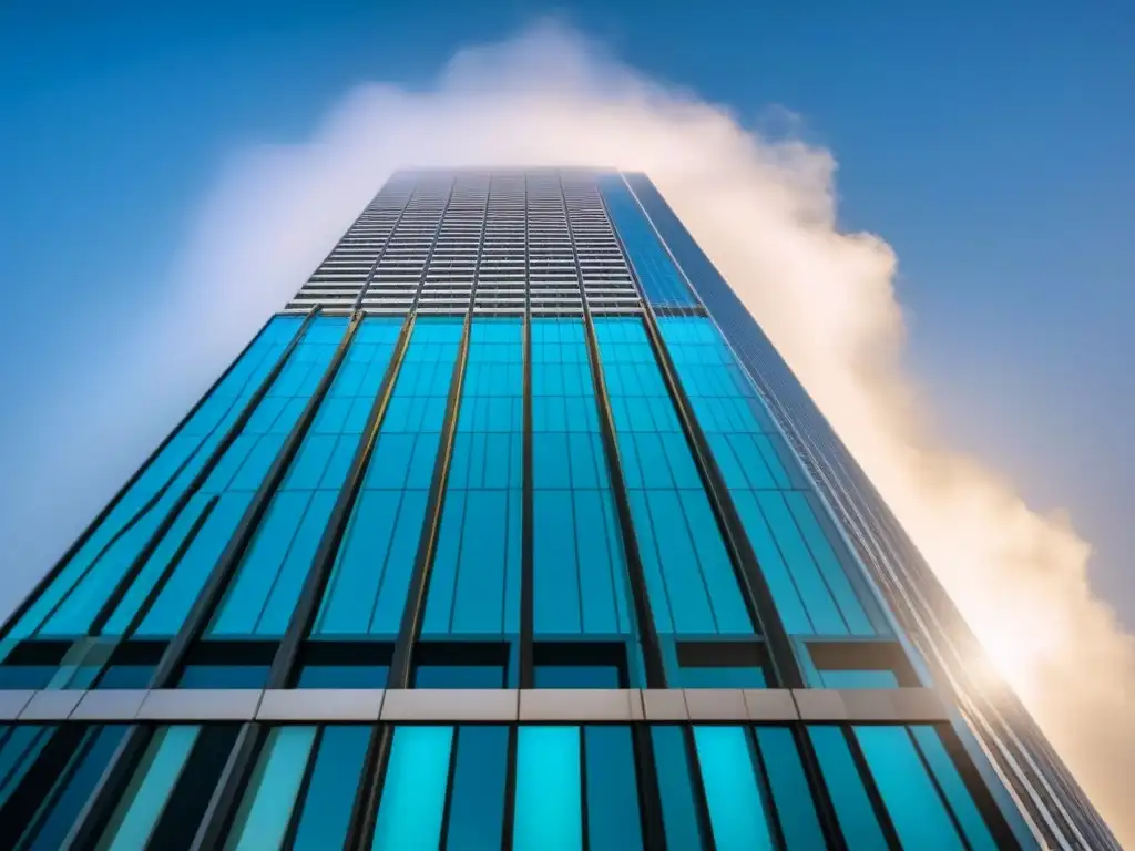 Rascacielos moderno: inversión segura en tiempos inciertos Un rascacielos moderno y elegante se eleva hacia un cielo azul claro, reflejando la ciudad en su fachada de cristal