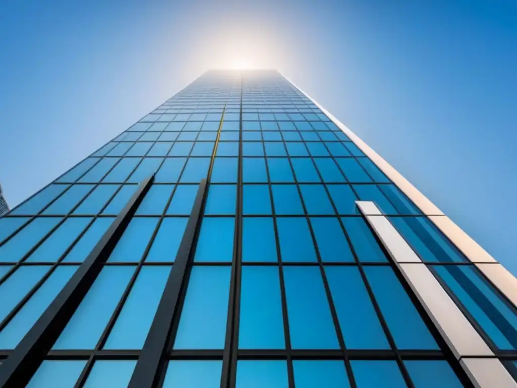 Rascacielos moderno: innovación y sofisticación urbana Un rascacielos moderno y elegante sobre un cielo azul, reflejando la ciudad en su fachada de vidrio