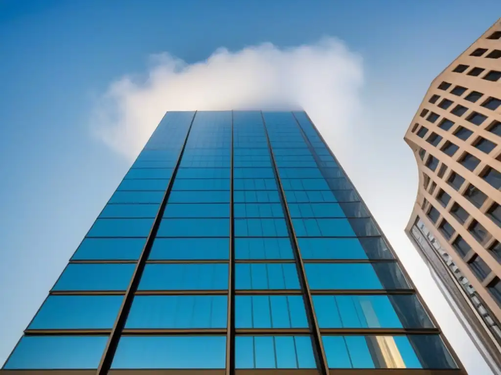 Edificio moderno: símbolo de progreso y seguridad en inversión inmobiliaria Un rascacielos moderno y elegante se alza contra un cielo azul, reflejando la ciudad en su fachada de cristal