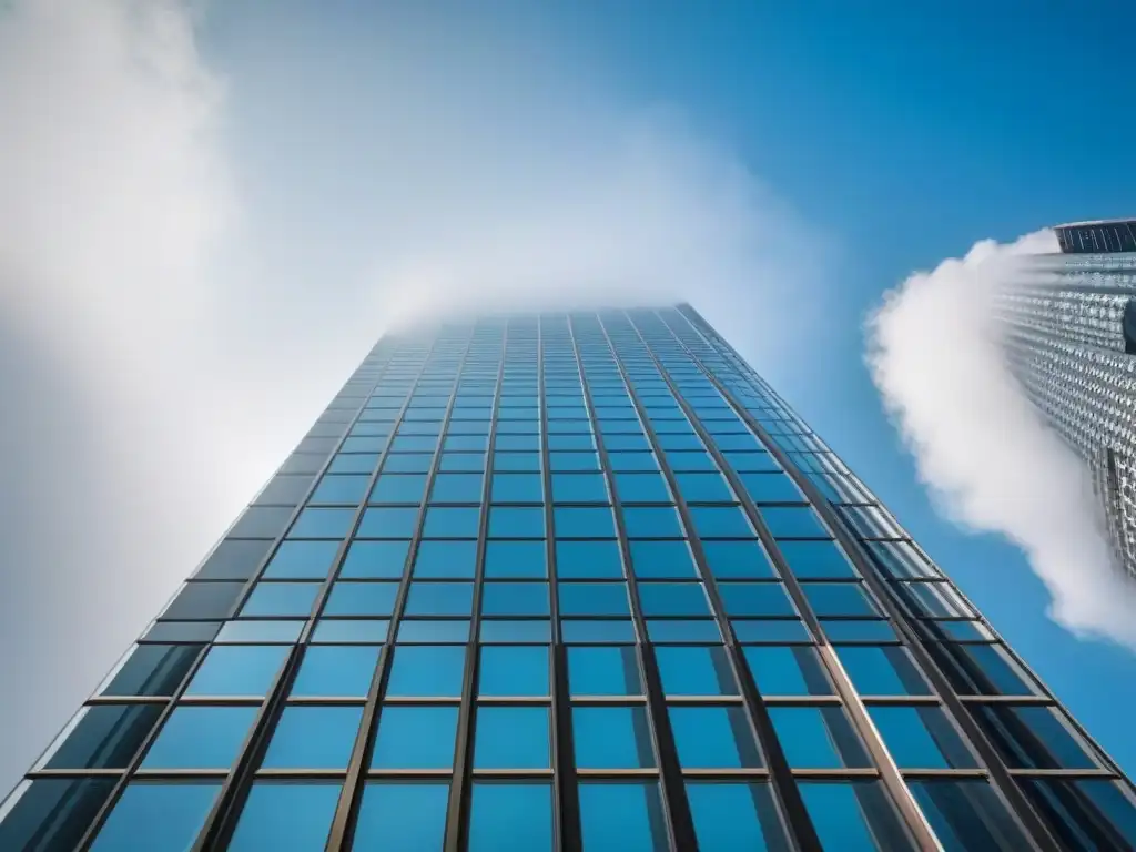 Torre de Éxito Ético: Real Estate Global Un rascacielos moderno y elegante se alza contra un cielo azul claro, reflejando la ciudad en su fachada de cristal