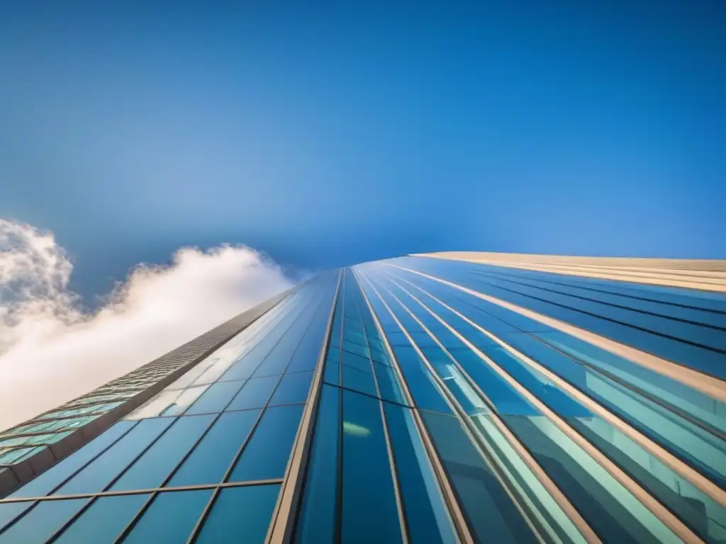 Edificio de oficinas moderno y futurista en la ciudad Un rascacielos moderno y elegante se alza contra un cielo azul claro, reflejando el paisaje urbano en su fachada de vidrio