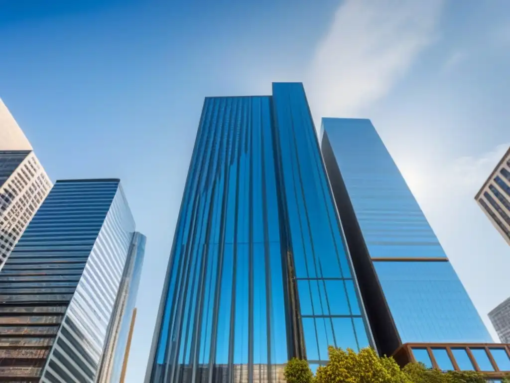 Un rascacielos moderno y elegante se alza en un cielo azul, reflejando la ciudad en su fachada de cristal