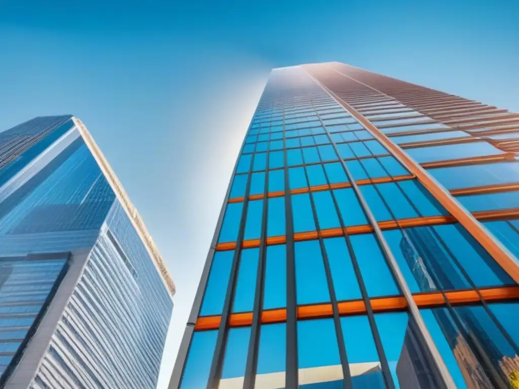 Rascacielos moderno: símbolo de innovación en crowdfunding inmobiliario Un rascacielos moderno y elegante reflejando la ciudad, simbolizando innovación en Crowdfunding inmobiliario internacional estrategias avanzadas