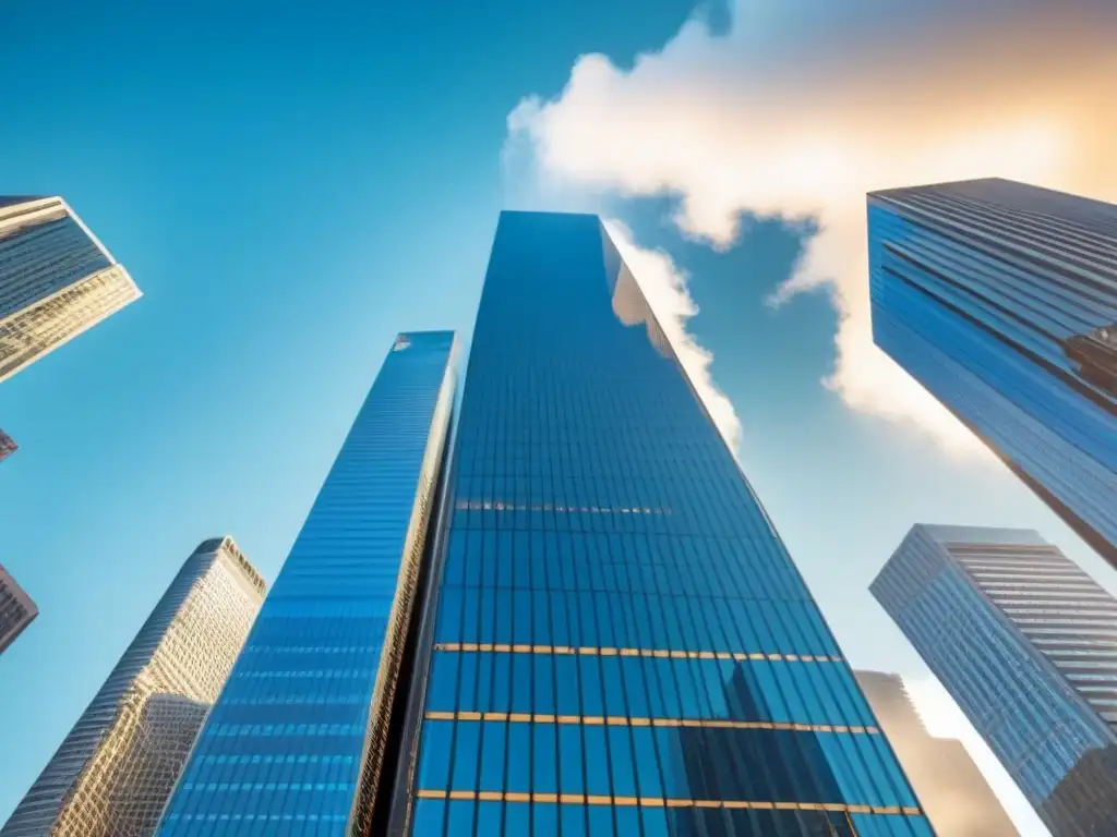 Rascacielos moderno en ciudad vibrante Un rascacielos moderno y elegante en una ciudad bulliciosa, reflejando el paisaje urbano, simbolizando el crecimiento y éxito del sector inmobiliario