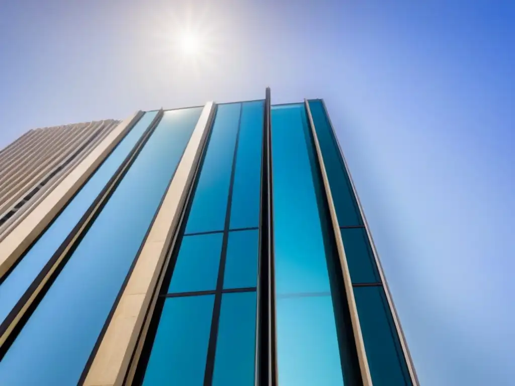 Edificio moderno de vidrio reflectante en el cielo azul Un rascacielos moderno y elegante con fachada de vidrio reflectante, destacando en el cielo azul