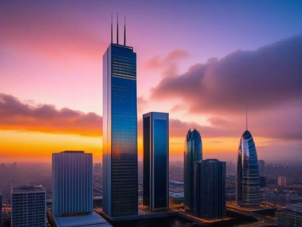 Rascacielos de cristal en atardecer vibrante Un rascacielos moderno y elegante con fachada de cristal, reflejando el horizonte urbano al anochecer