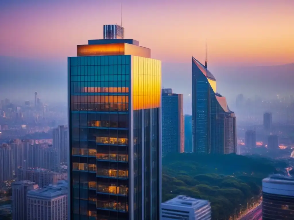 Edificio de lujo y modernidad en la ciudad al atardecer Un rascacielos moderno y elegante destaca en el horizonte urbano al atardecer, reflejando la ética en mercado inmobiliario global