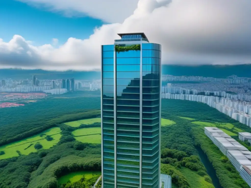 Un rascacielos moderno entre vegetación exuberante, simbolizando la armonía entre progreso y belleza natural