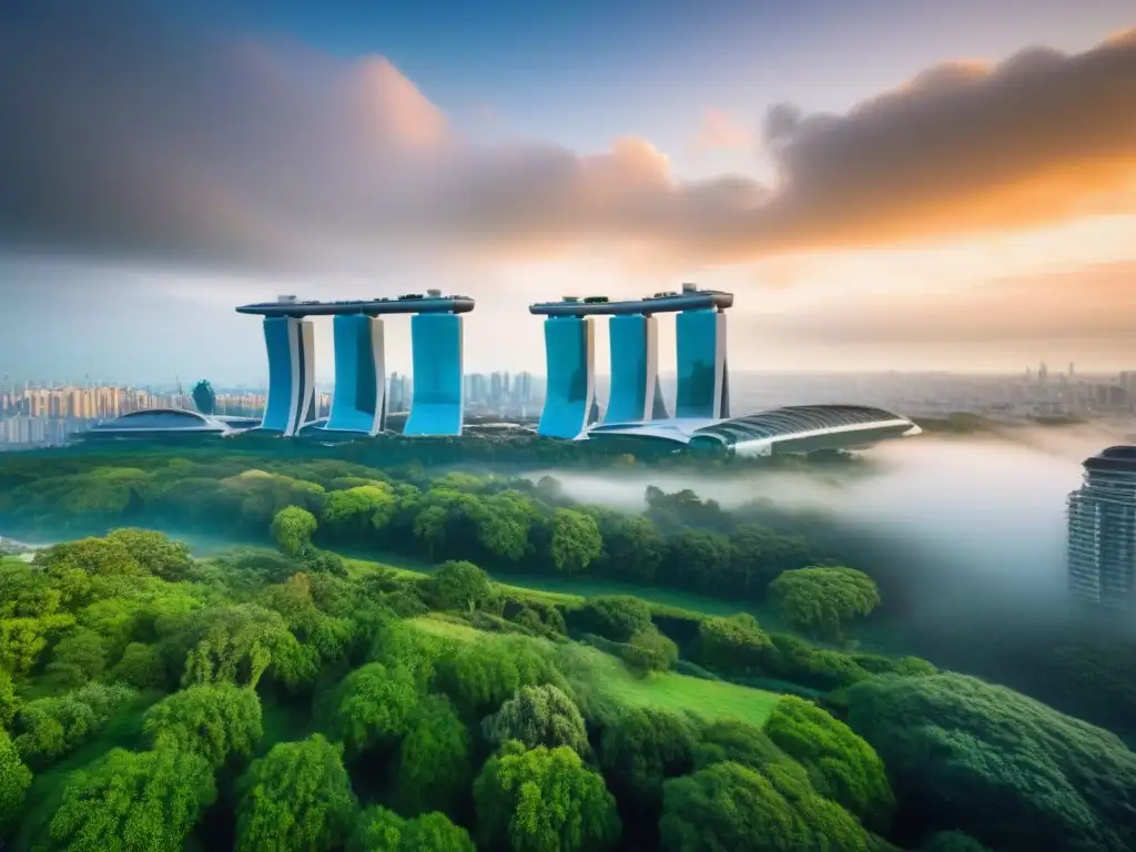 Torre moderna entre verdor y ciudad: fusiona naturaleza y finanzas globales Un rascacielos moderno entre exuberante vegetación, con una ciudad vibrante al fondo, fusionando naturaleza y vida urbana en regulaciones globales de financiamiento residencial para inversores informados