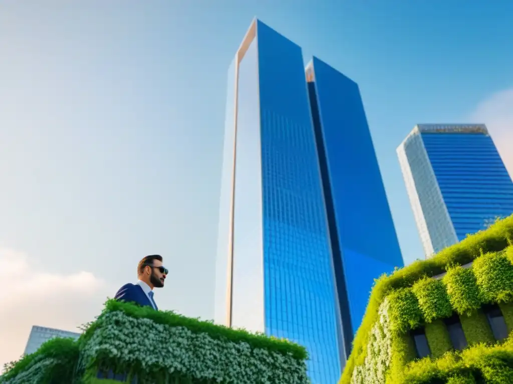 Rascacielos moderno entre vegetación: éxito en inversiones inmobiliarias Un rascacielos moderno entre vegetación exuberante, reflejando la ciudad