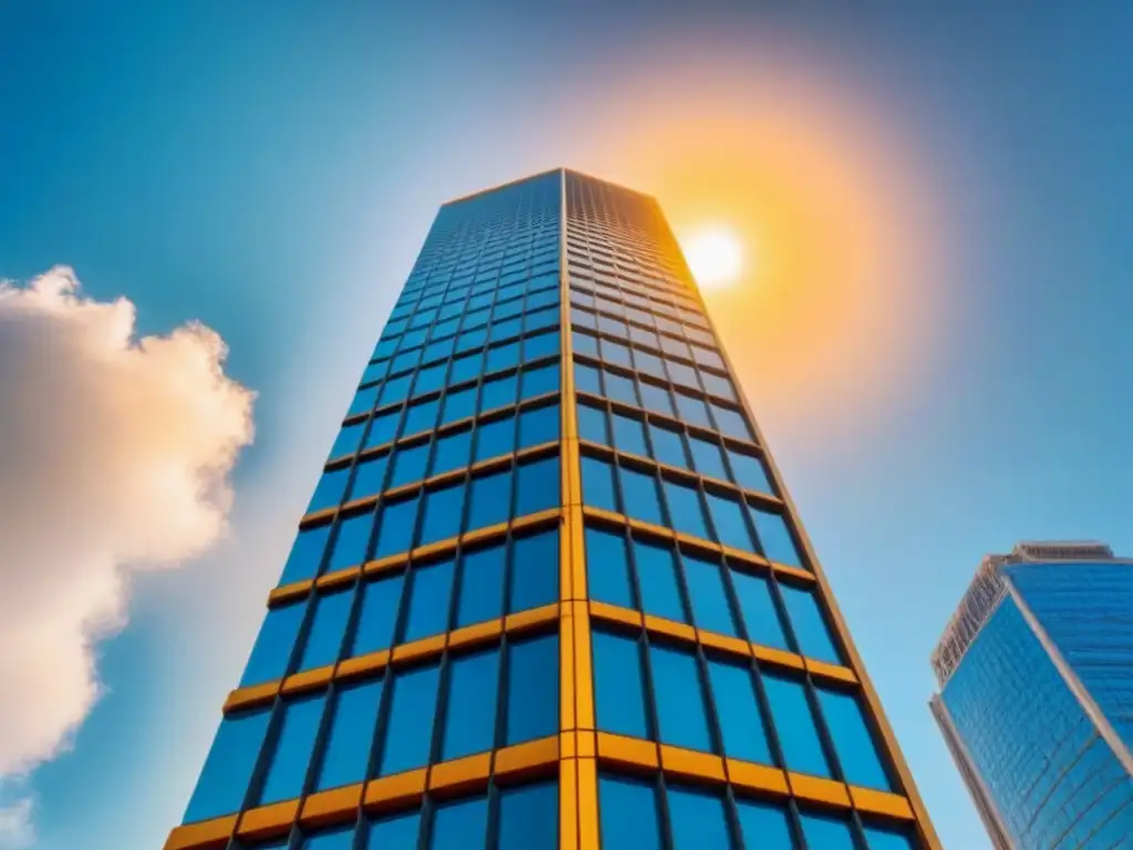 Edificio moderno en espejado 8k: innovación y sofisticación urbana Un rascacielos moderno con fachada de espejo refleja la ciudad
