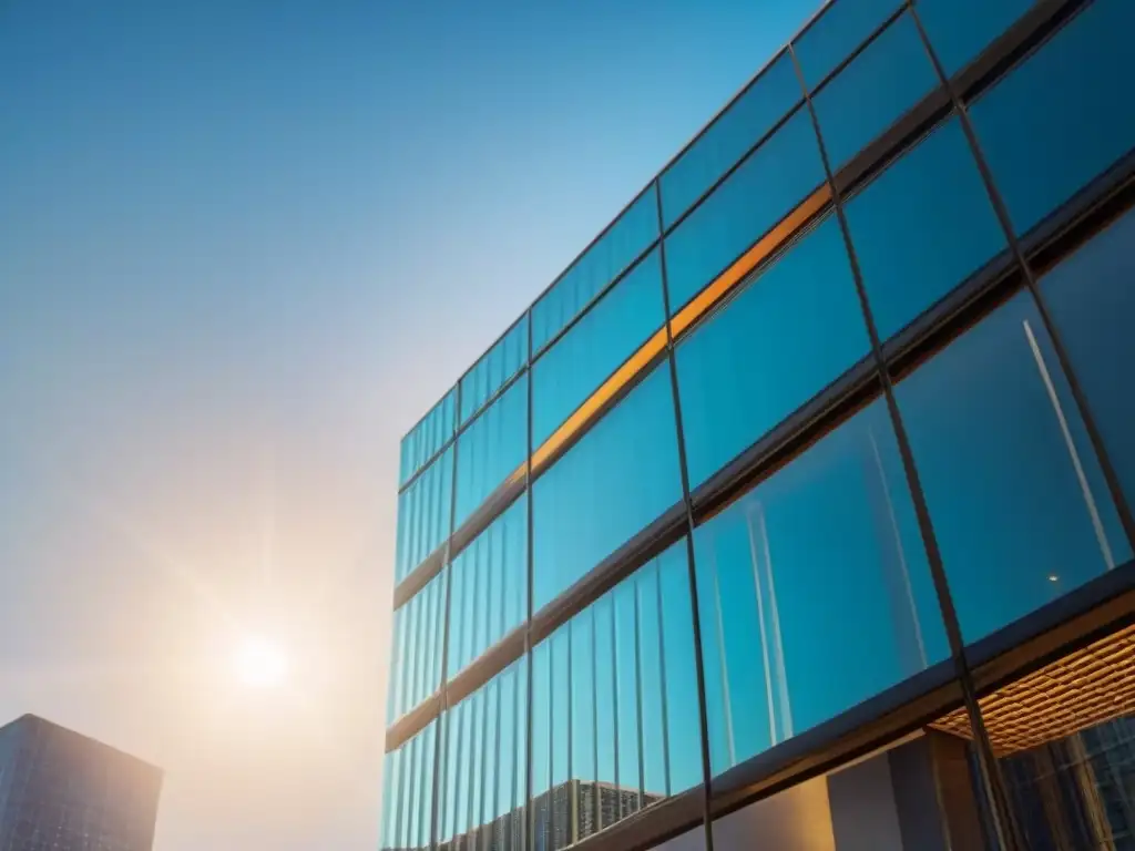 Edificio moderno en 8k: transparencia y progreso urbano Un rascacielos moderno con fachada transparente reflejando la ciudad, bajo el cielo azul