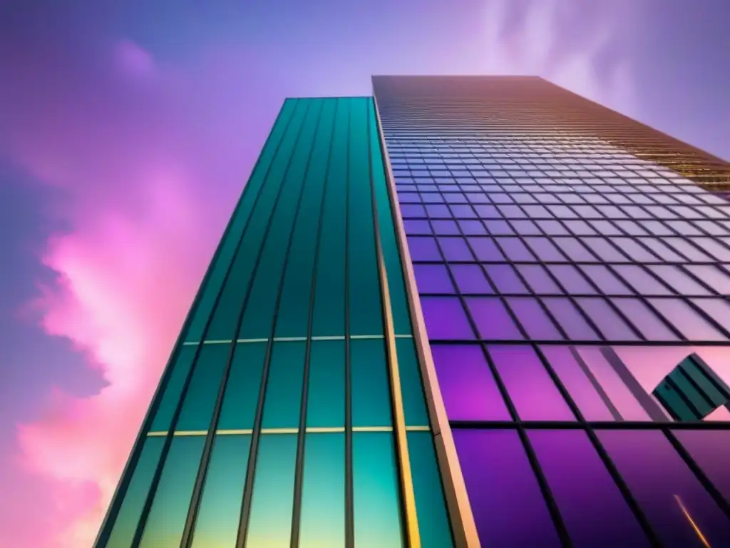 Torre de cristal al atardecer: símbolo de éxito en el mercado inmobiliario Un rascacielos moderno con una fachada de vidrio reflejando la ciudad, bañado por la cálida luz dorada del atardecer