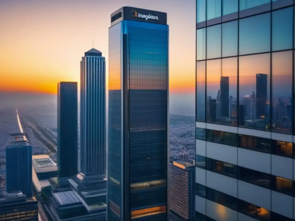 Edificio de oficinas moderno en atardecer urbano Un rascacielos moderno con fachada de vidrio y la ciudad al fondo