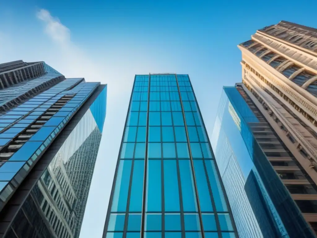 Rascacielos de vidrio: innovación y sostenibilidad en real estate Un rascacielos moderno con fachada de vidrio, reflejando una ciudad vibrante