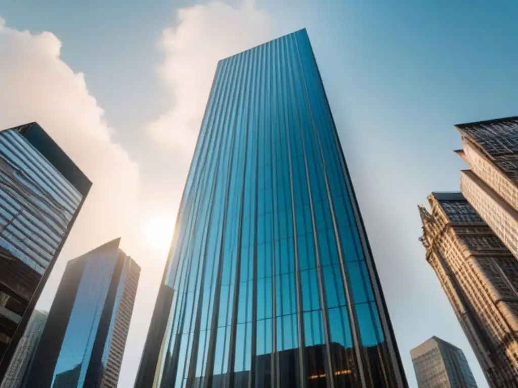 Rascacielos moderno en ciudad internacional: inversión inmobiliaria global Invertir en--Un rascacielos moderno con fachada de vidrio reflectante en una ciudad internacional bulliciosa