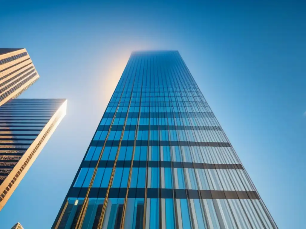 Edificio moderno en 8k: arquitectura innovadora reflejando la ciudad Un rascacielos moderno frente al cielo azul, reflejando la ciudad