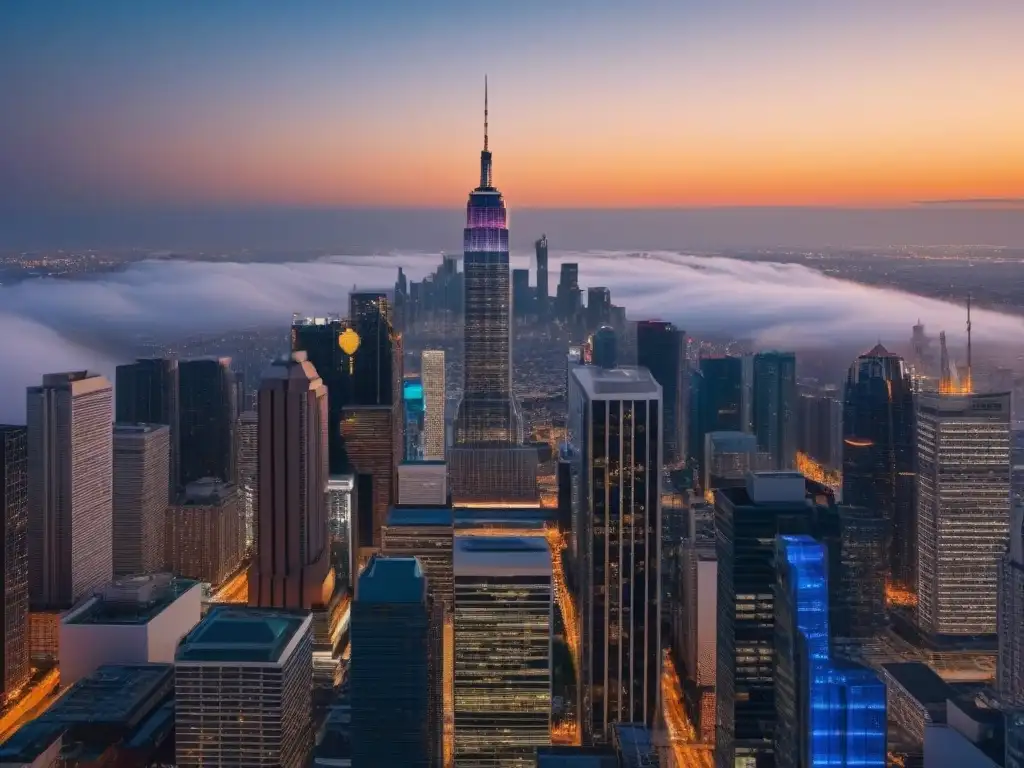 Rascacielos futurista en la ciudad: innovación inmobiliaria Rascacielos moderno iluminado en la ciudad al anochecer, ideal para inversionistas inmobiliarios mercado internacional
