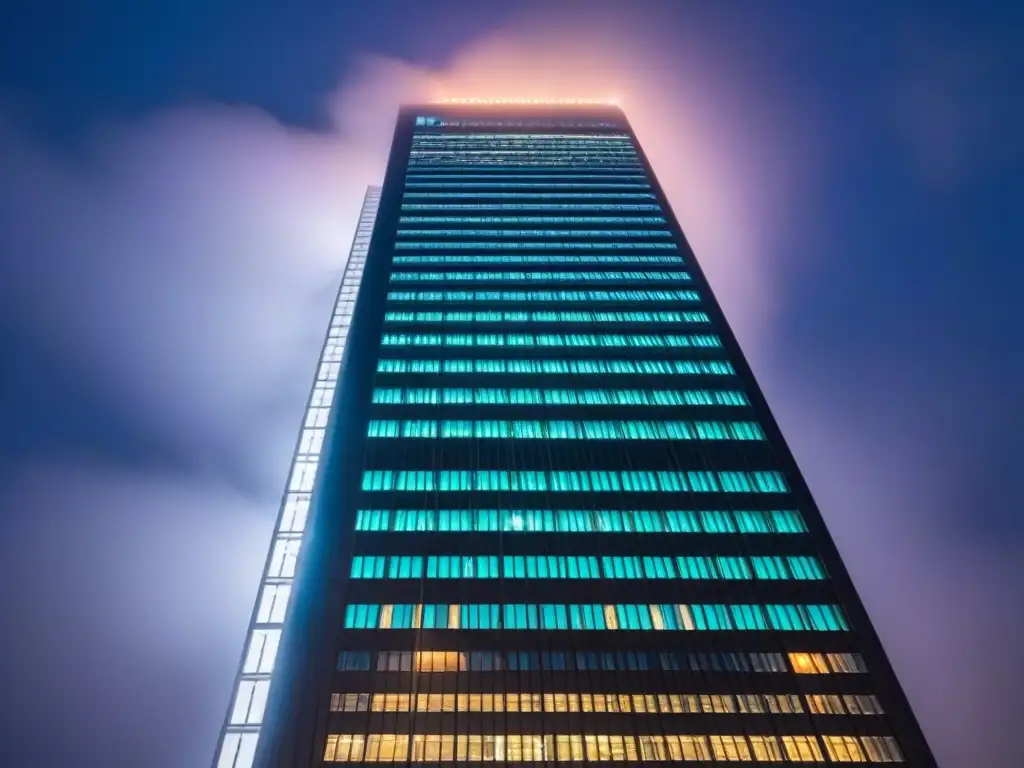 Rascacielos sostenible: luces LED crean un impacto visual Rascacielos moderno iluminado con luces LED eficientes energéticamente, destacando su compromiso con la eficiencia energética en mercado inmobiliario
