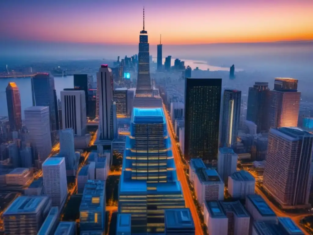 Un rascacielos moderno se yergue imponente sobre una ciudad vibrante al anochecer, reflejando el sol en su fachada de cristal