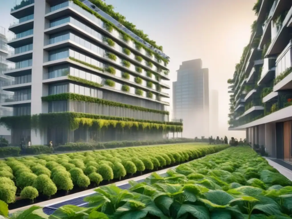 Edificio de lujo sostenible: influenciadores debaten prácticas eco en arquitectura innovadora Un rascacielos moderno con influenciadores discutiendo prácticas de inversiones inmobiliarias sostenibles internacionales