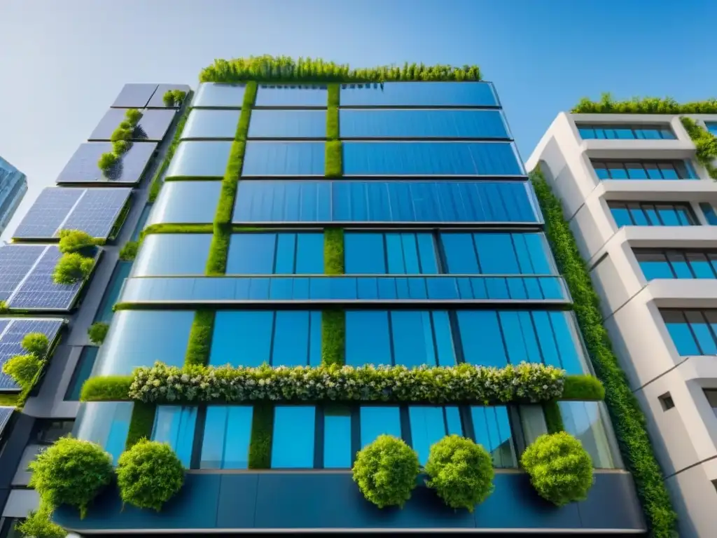 Edificio ecoinnovador: Certificación LEED y BREEAM Un rascacielos moderno con Certificación LEED y BREEAM inmobiliario, rodeado de vegetación y tecnología sostenible