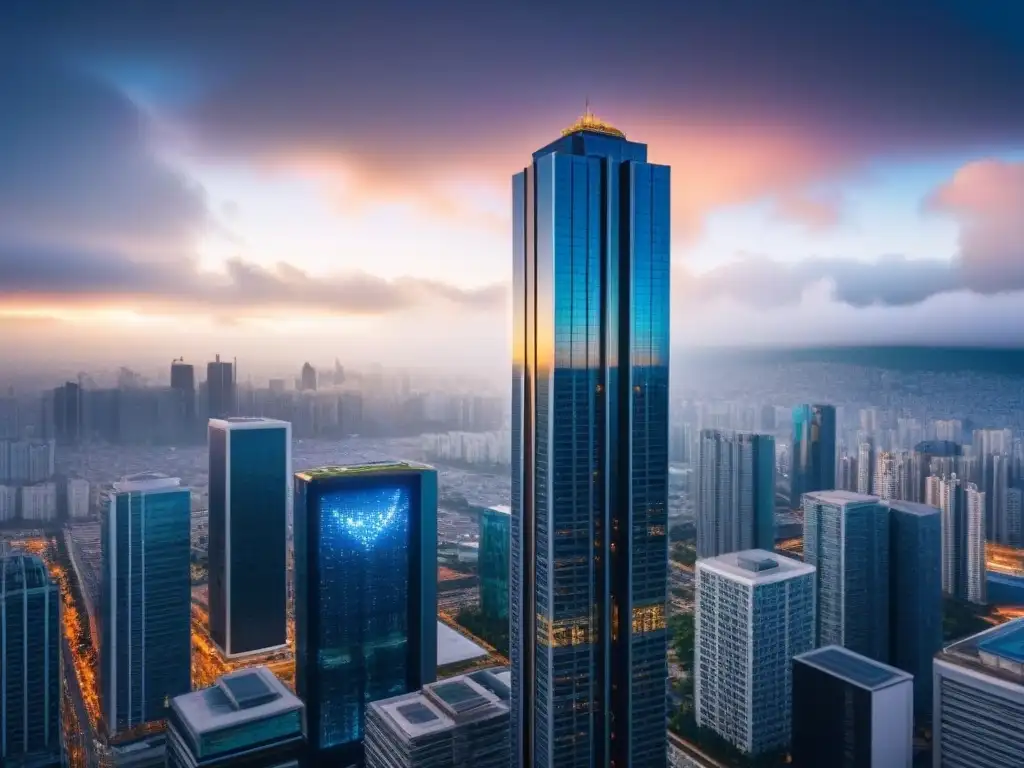 Edificio futurista: tecnología digital en inversión inmobiliaria Un rascacielos moderno con interfaz de seguridad digital, en una ciudad internacional