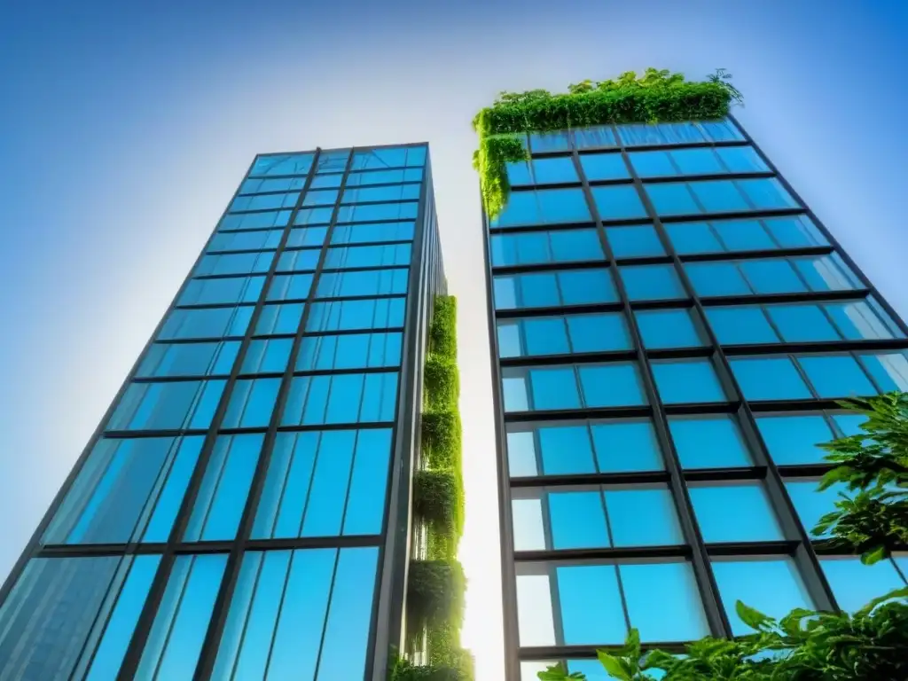 Rascacielos moderno de lujo en entorno urbano y natural Un rascacielos moderno de lujo destacando contra un cielo azul, rodeado de vegetación exuberante y una ciudad bulliciosa