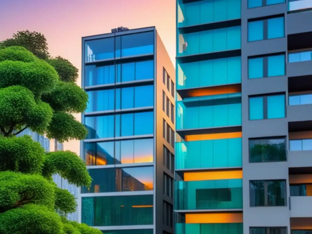 Edificio de lujo con seguridad innovadora en ciudad vibrante al atardecer Un rascacielos moderno de lujo con fachada de cristal, reflejando la ciudad al atardecer entre exuberante vegetación