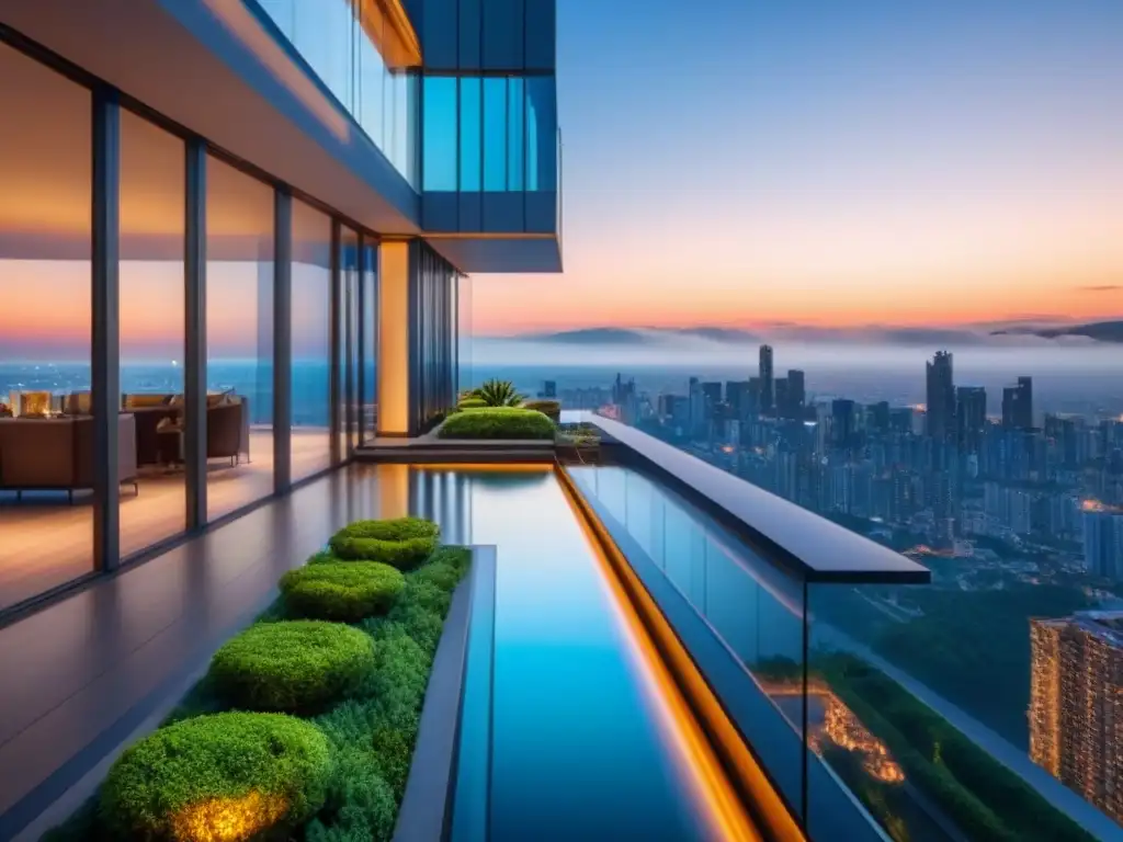 Rascacielos de lujo con tecnología innovadora y vistas urbanas Un rascacielos moderno de lujo con fachada de vidrio, rodeado de vegetación y tecnología innovadora, reflejando la ciudad
