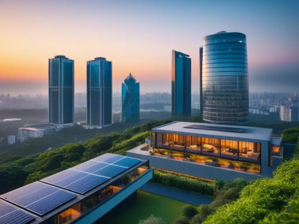 Inversión inmobiliaria sostenible en una ciudad vibrante al atardecer Un rascacielos moderno de lujo con fachadas de cristal reflejando la ciudad vibrante al atardecer